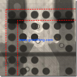 BGA錫球尺寸小于0.4mm，采用降低BGA內(nèi)圍襲球的錫膏量所得到X-Ray，稍微留意一下可以發(fā)現(xiàn)最外圈的錫量(圓的直徑)比其他內(nèi)圍的錫球上的錫量來得多一點點。也就是外圈的黑色圓形直徑比內(nèi)圈的圓形來得大一點點。
