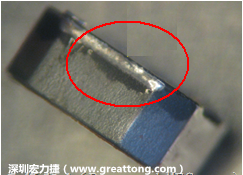 使用錫(Sn)鍍層的電源電感器(Power Inductors)，經(jīng)過推力測試后，其焊點還保留在零件的端點上，所以推力比較高。