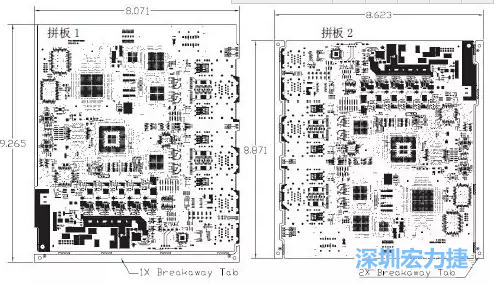 如圖7所示是使用不同數(shù)量邊條的拼板，拼板1僅使用了一個(gè)邊條，直接利用PCB另一邊作為SMT工藝傳送邊，并且PCB圖形中有合適的安裝孔；而拼板2則是按常規(guī)設(shè)計(jì)了兩個(gè)邊條。拼板方式為連接筋。圖中“Breakaway Tab”指邊條-深圳宏力捷