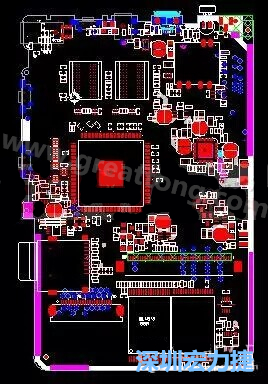 上圖是一個(gè)開(kāi)發(fā)板的PCB，從布局中可以看出各個(gè)接口電路分離很明確，SDRAM和DDR以及SD卡接口電路等走線不會(huì)造成相互的干擾。-深圳宏力捷