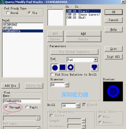 分析文件完成后，點擊菜單Setup→Pad Stacks調(diào)出焊盤堆設(shè)置窗口，將Pad Stack Type改為Via