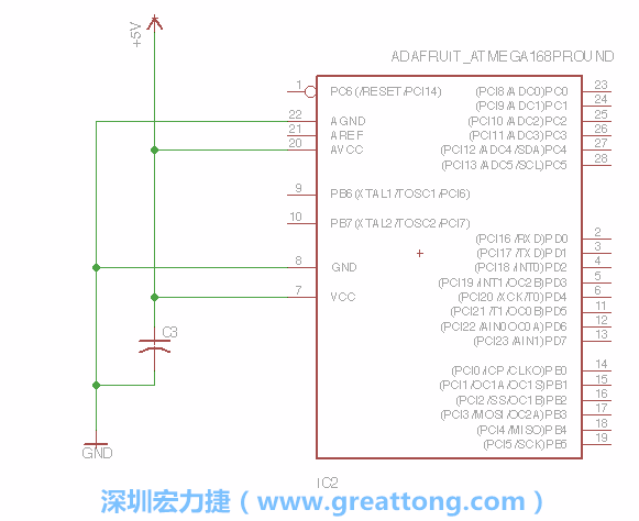 3.1.    新增微控制器晶片（RBBB → ATmega），把它放在電路原理圖的中央附近，把它的兩個(gè)接地接頭連接到接地訊號(hào)端。