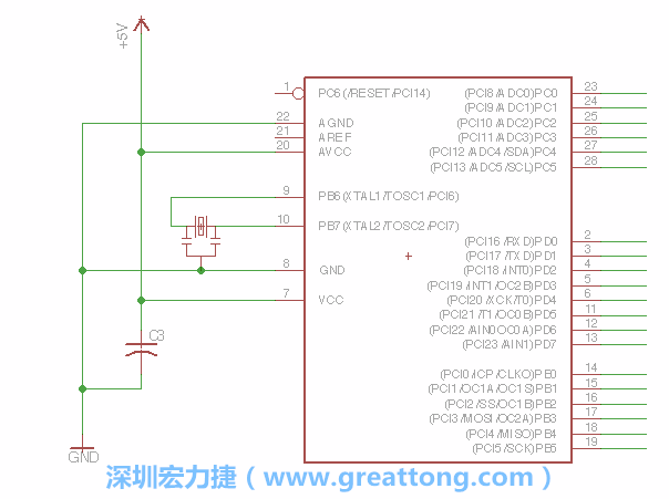 3.2.    在靠近ATmega的電源供應(yīng)針腳7的位置放置一個(gè)0.1μF的電容，將它分別連接電源、接地端和針腳7。