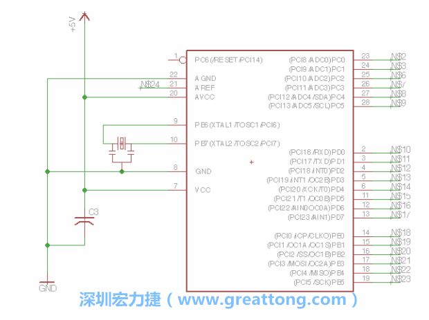 3.3.    將共鳴器（resonator）放置在針腳9和針腳10附近，將它的三個(gè)針腳連接如圖所示，并確認(rèn)最中間的針腳有連到接地端。
