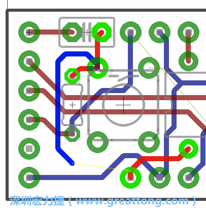 要在電路板正面進行+5V信號線連結和其他連結點的布線工作是非常容易的，而重置信號線（信號線用來連結電路板正面左邊的重置開關）需要經過一個可以通過電路板正反兩面的電路通道，這個通道是一個可以讓電路板正反兩面線路連接的一個小孔。