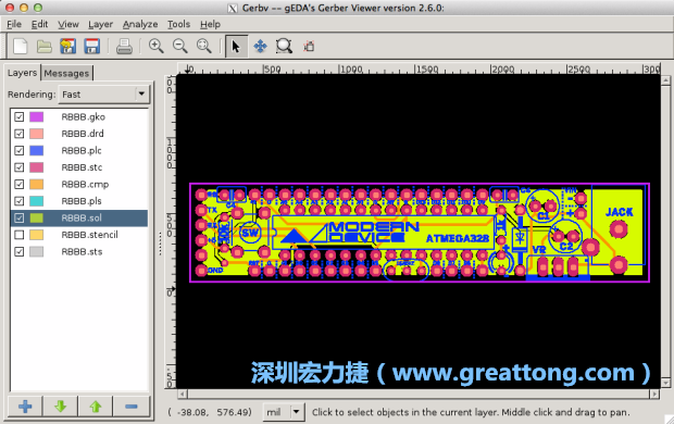 將圖層匯入你的Gerber預(yù)覽工具內(nèi)（下圖為Gerbv），我通常會從上到下重新排列它們的順序，好讓我比較好校對：