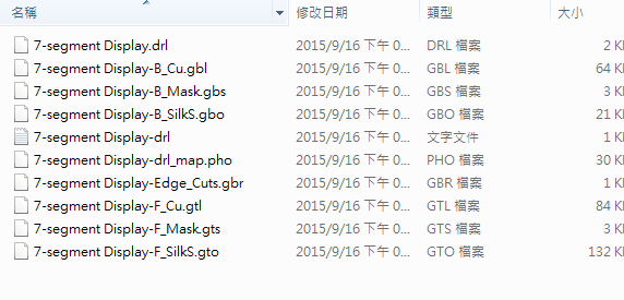 所謂Gerber檔，其實是包含一群檔案 (如下圖所示)，如包含正反面銅箔層 F.Cu B.Cu.，正反面文字面 F.Silkscreen ，B.Silkscreen，防焊層 SolderMask、板邊裁切Edge.Cuts 等。