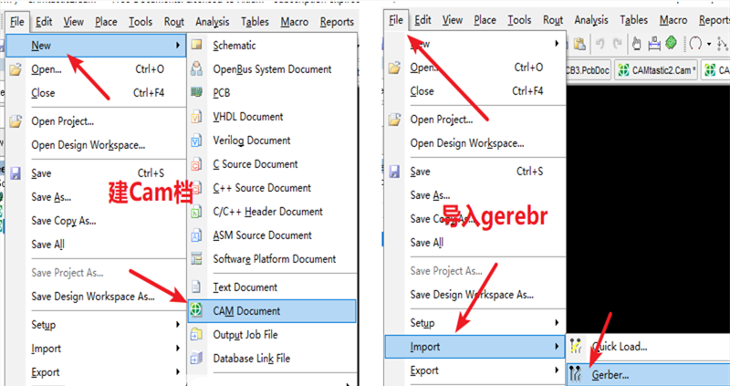 在File下新建 Cam檔，建后再File下導(dǎo)入Gerber文件，選擇所有文件導(dǎo)入gerber。